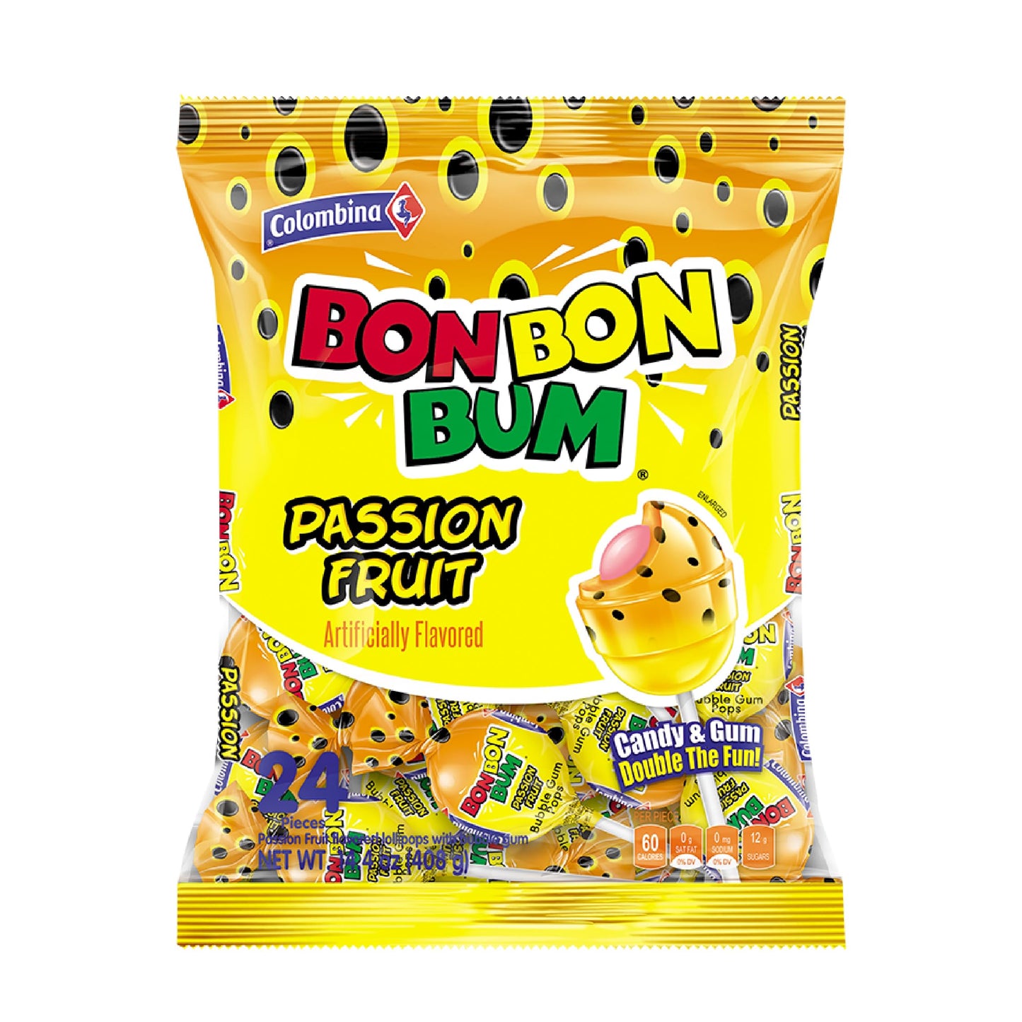 Colombina Bon Bon Bum Lollipops – Tropical Hard Candy with Chewy Gum Center for Kids Lunchboxes and After-School Snacks