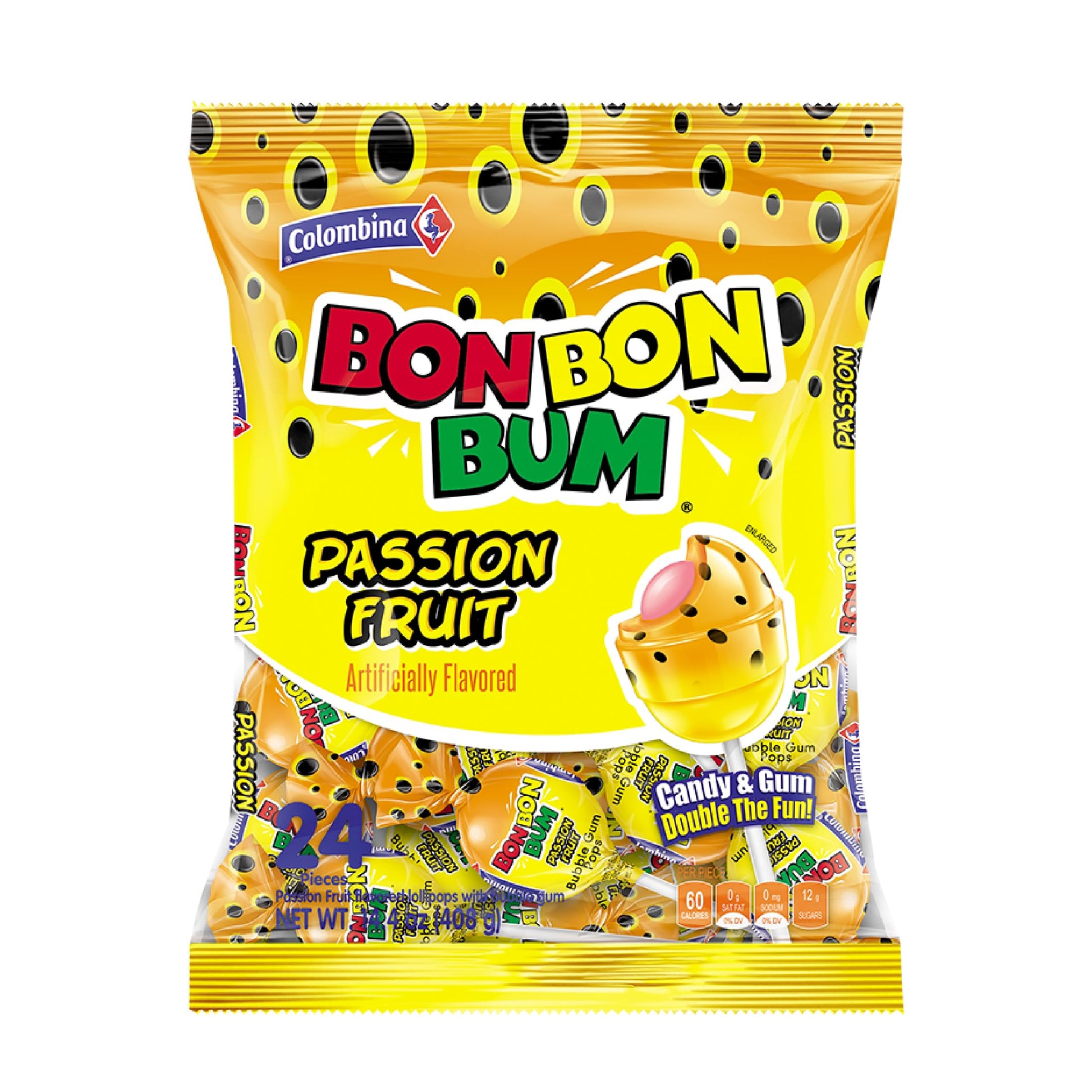 Colombina Bon Bon Bum Lollipops – Tropical Hard Candy with Chewy Gum Center for Kids Lunchboxes and After-School Snacks