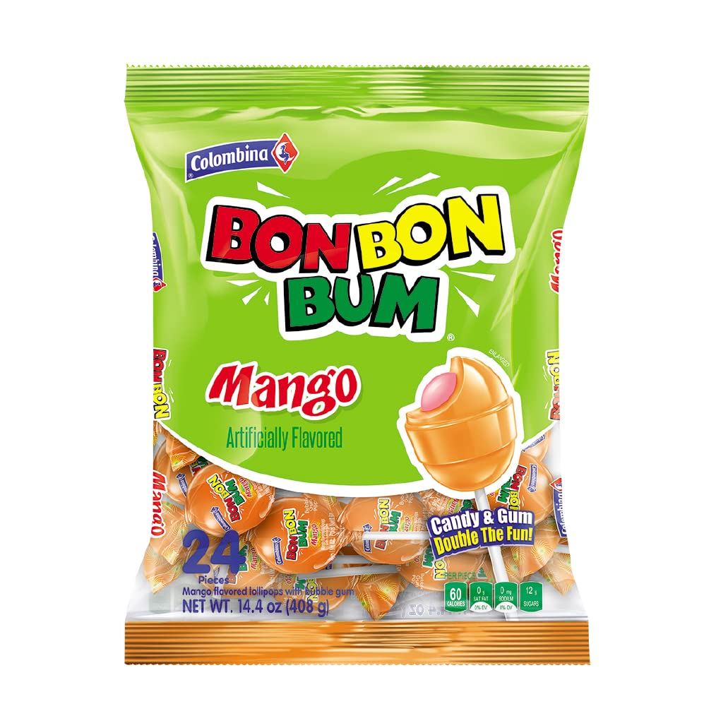 Colombina Bon Bon Bum Lollipops – Tropical Hard Candy with Chewy Gum Center for Kids Lunchboxes and After-School Snacks