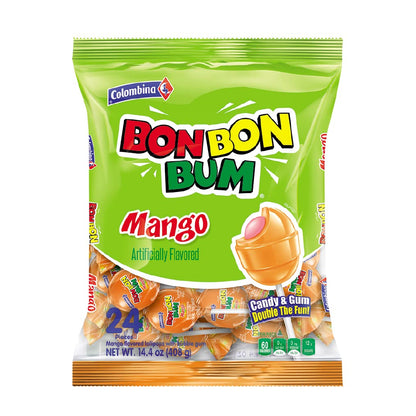 Colombina Bon Bon Bum Lollipops – Tropical Hard Candy with Chewy Gum Center for Kids Lunchboxes and After-School Snacks
