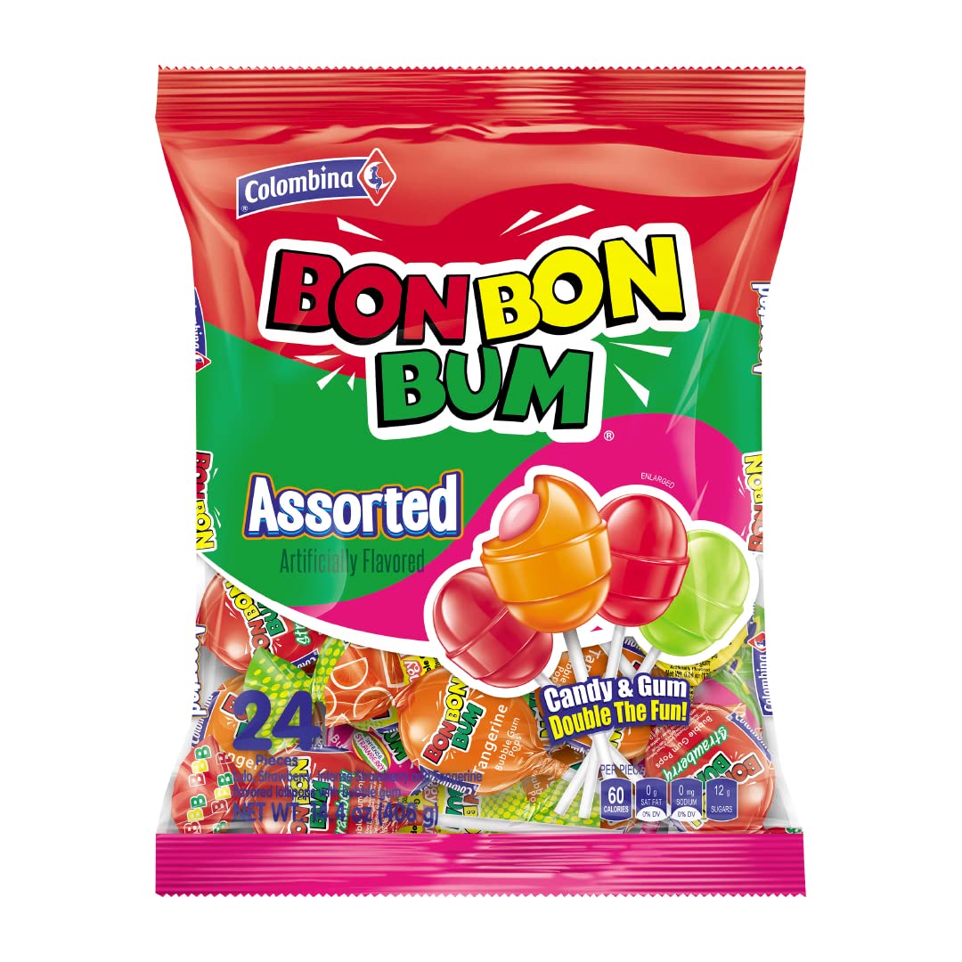 Colombina Bon Bon Bum Lollipops – Tropical Hard Candy with Chewy Gum Center for Kids Lunchboxes and After-School Snacks