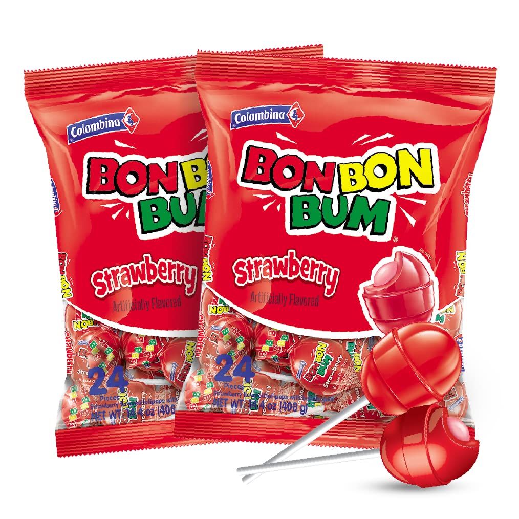 Colombina Bon Bon Bum Lollipops w/Bubble Gum Center, Strawberry Flavor, Individually Wrapped, Ideal for Party Favors and Gifts, 2 Pack (48 Count)