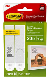 Command 20 Lb XL Heavyweight Picture Hanging Strips, No Drill Hanging Strips for Simple Wall Art in Neutral Toned Minimalist Homes, 8 Pairs White Adhesive Strips