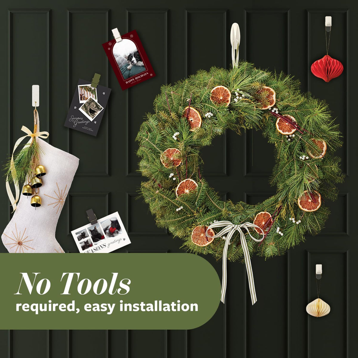 Command Wire Hooks and Spring Clips in Sage, Intentional Holiday Hooks for a Less Is More Seasonal Display