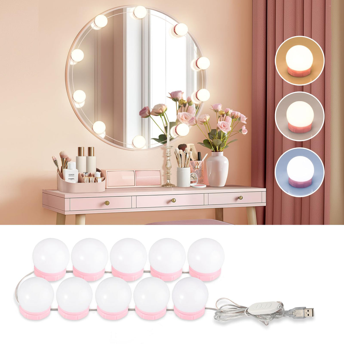 Consciot LED Vanity Lights for Mirror, Hollywood Style Vanity Light with 10 Dimmable Bulbs, Adjustable Color &amp;amp; Brightness, USB Cable, Mirrors Lights Stick on for Makeup Table Dressing Room Mirror