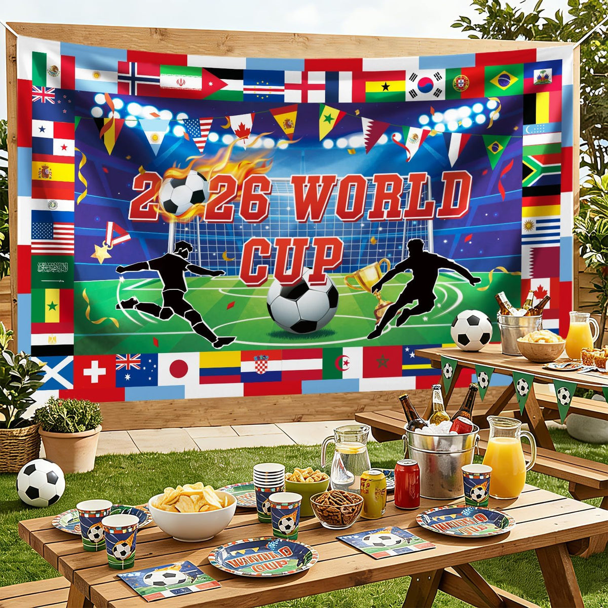 coordinates with matching tablecloths, plates, napkins, and flag banners for full theme