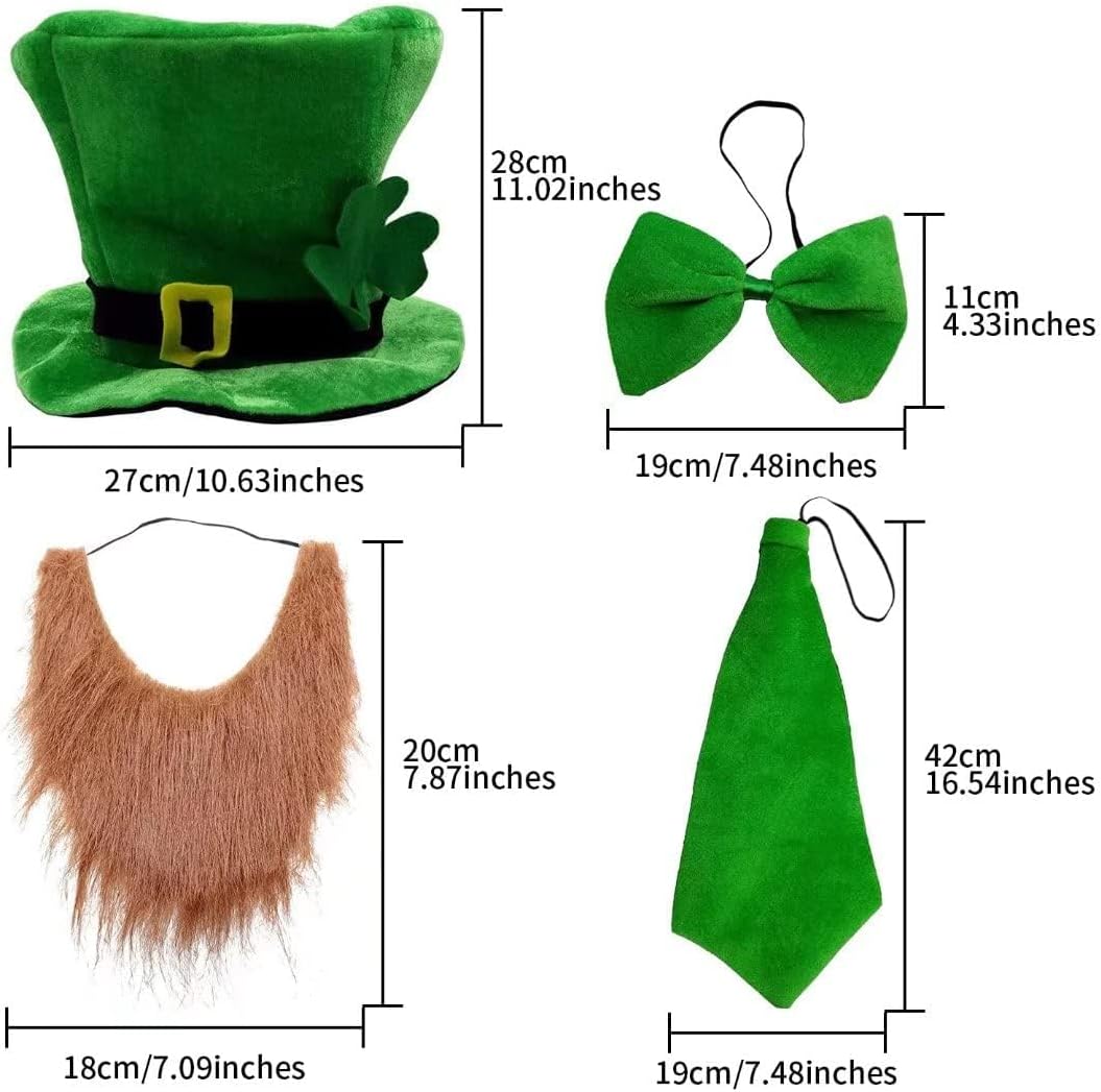 CreepyParty Leprechaun Costume Accessories – Minimalist St. Paddy's Day Outfit in One Coordinated Bundle, Hat Beard Bow Tie Scarf