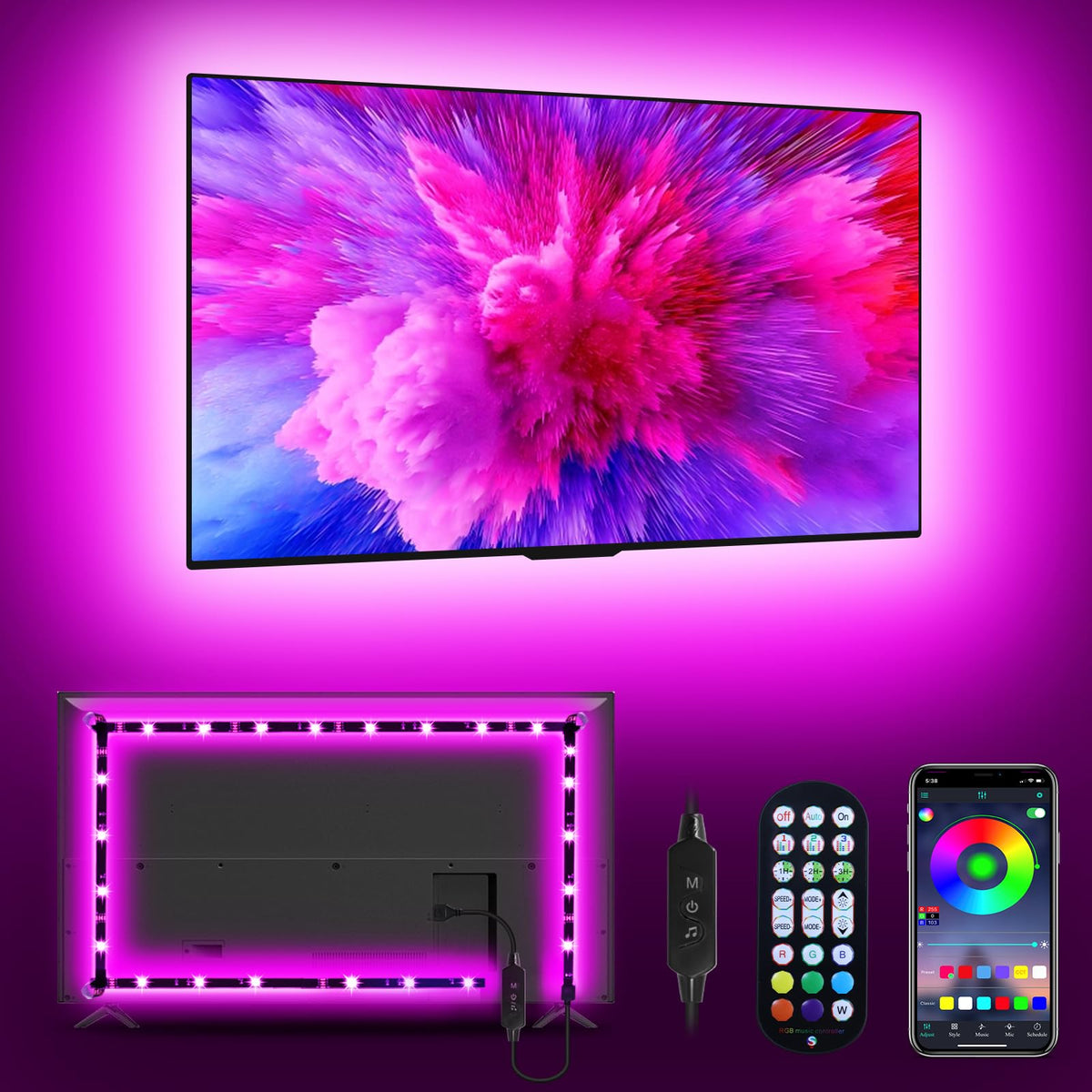 Daymeet TV Led Lights, Led Lights for Backlight for 32-60 inch, 9.8ft TV Light Strip,RGB Color Changing Light with Remote Music Sync Bluetooth APP Control USB Powered