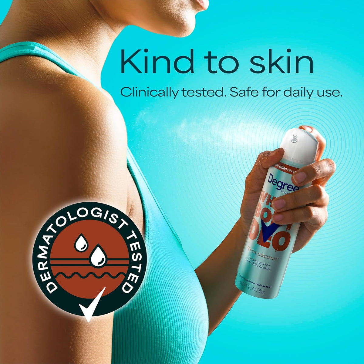 Degree Women Deodorant Spray Fresh Coconut Scent 72H Aluminum Free Sensitive Skin Friendly Bath Time Essential