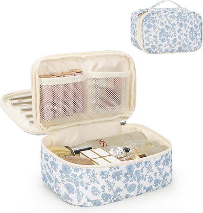 double-layer layout with 6 elastic slots, 4 brush holders, 2 mesh pockets, and 1 large bottom compartment