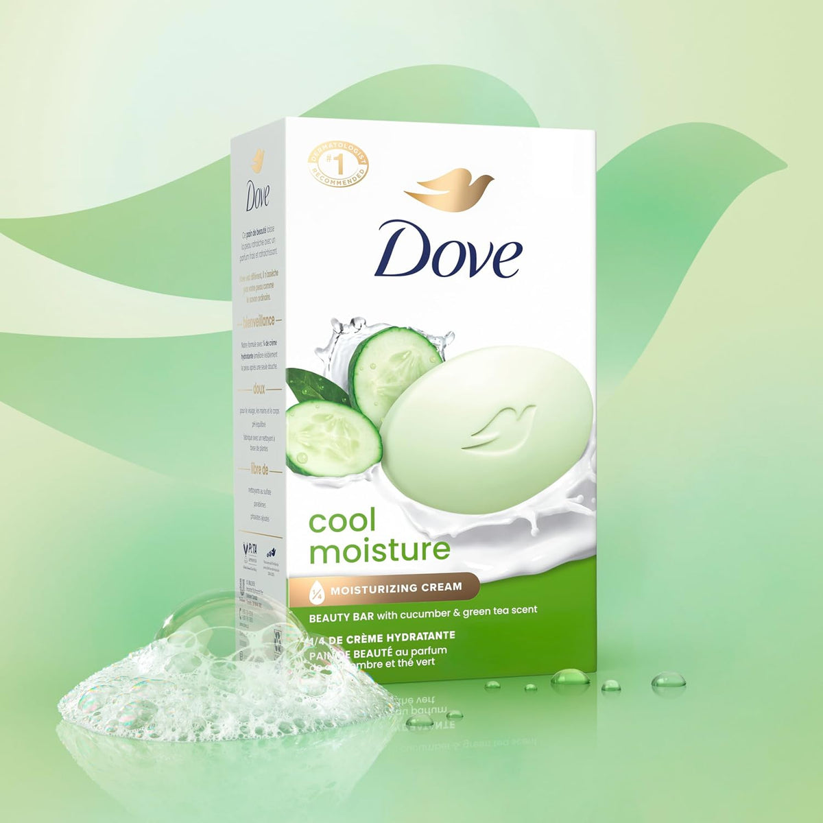 Dove Beauty Bar Cool Moisture Cucumber & Green Tea – Clean-Formula Bar for Intentional Skincare Shelf Styling