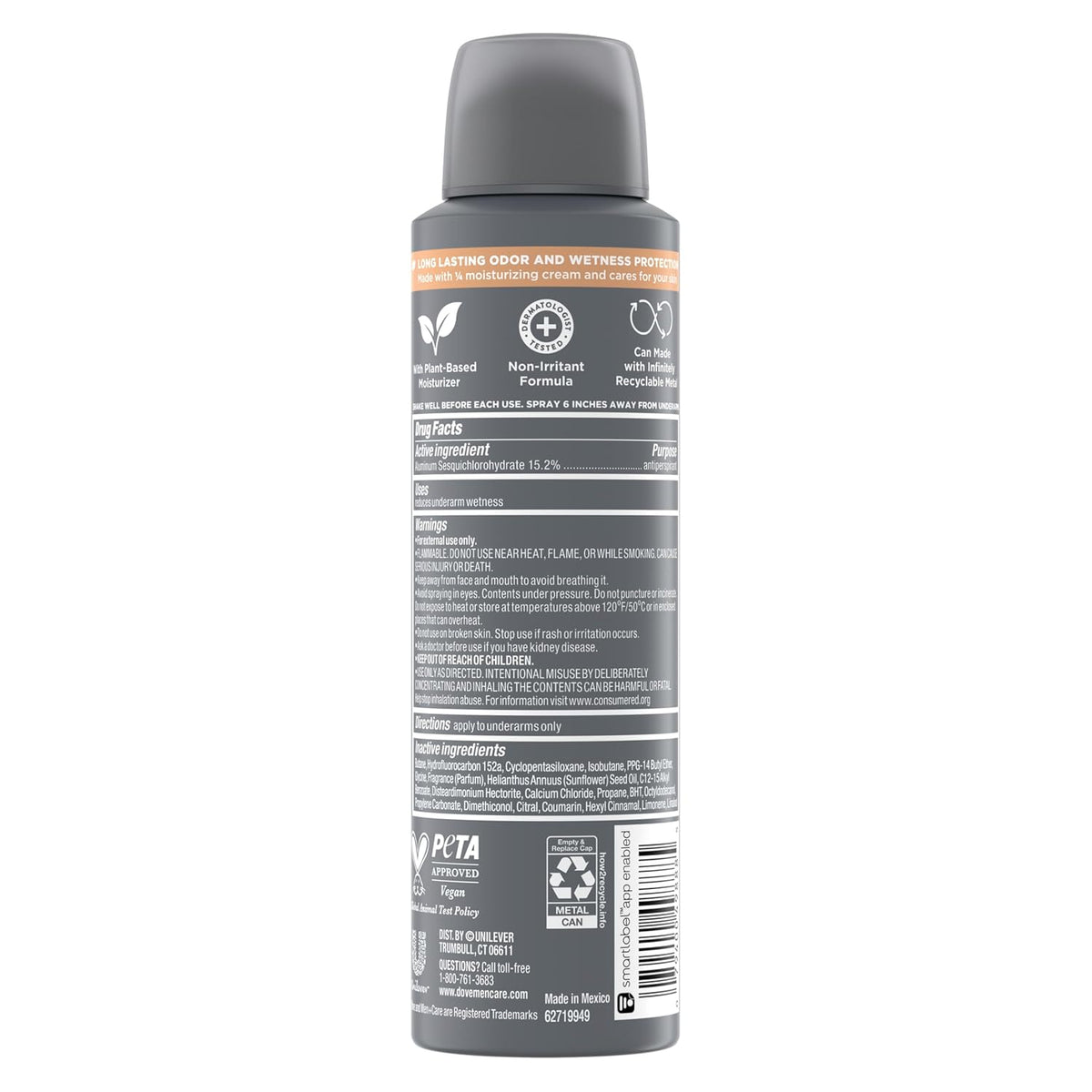 DOVE MEN + CARE Dry Spray Antiperspirant Cedarwood + Tonka 4 Count 72H Protection Plant-Based Moisturizer 3.8 oz – Ethically Made Antiperspirant for Worry-Free Daily Use