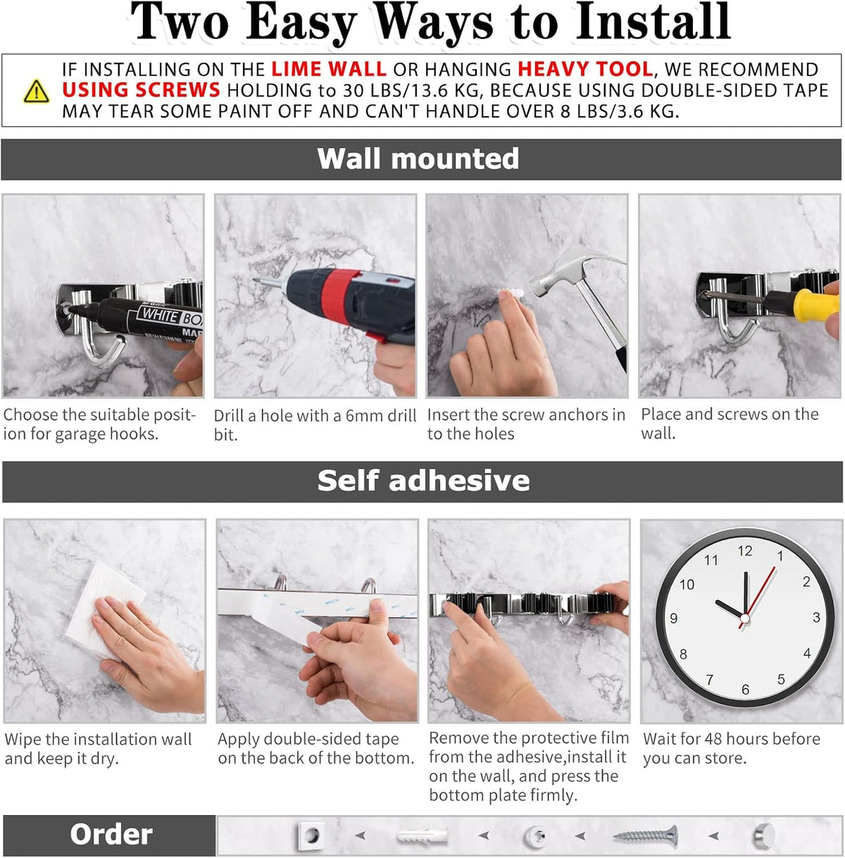 dual installation: self-adhesive for smooth surfaces, screw-mounted for rough surfaces and heavy loads