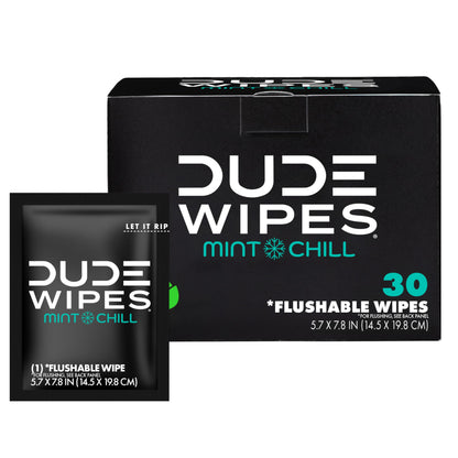 DUDE Wipes On-The-Go Mint Chill Travel Wipes - 30 Count (Individually Wrapped) - Extra-Large Adult Flushable Wipes - Infused with Tea Tree Oil, Vitamin E, and Aloe - Septic and Sewer Safe