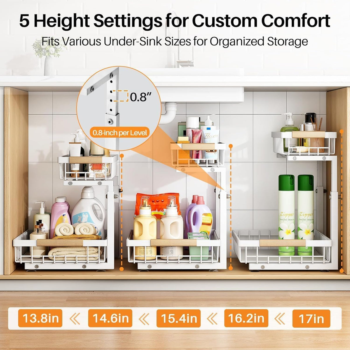 enlarged basket dimensions (11.8" w x 15.9" l) with 13" clearance below top tier for tall bottles
