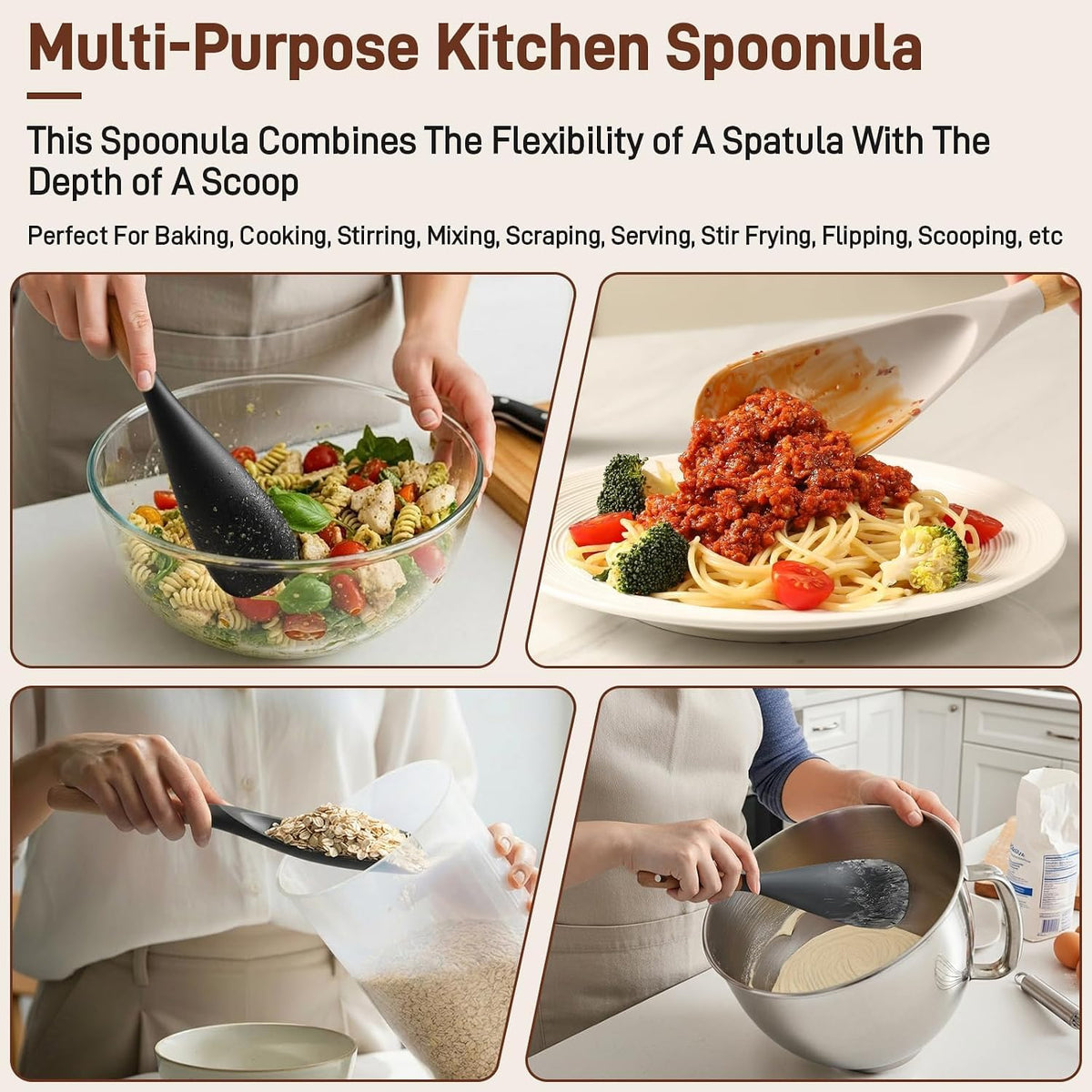 ergonomic natural wooden handle with reinforced connection to the silicone head to prevent detachment