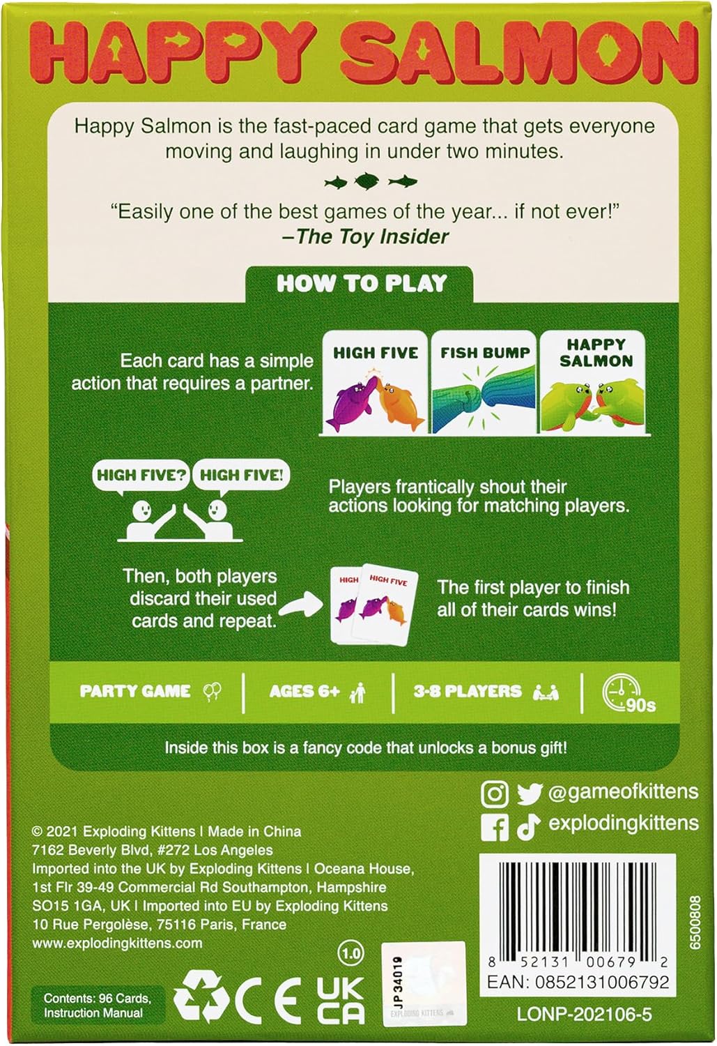Exploding Kittens Happy Salmon Lawn and Patio Game | Durable Cardstock Card Game for Camping Trips, Picnics, and Outdoor Game Nights