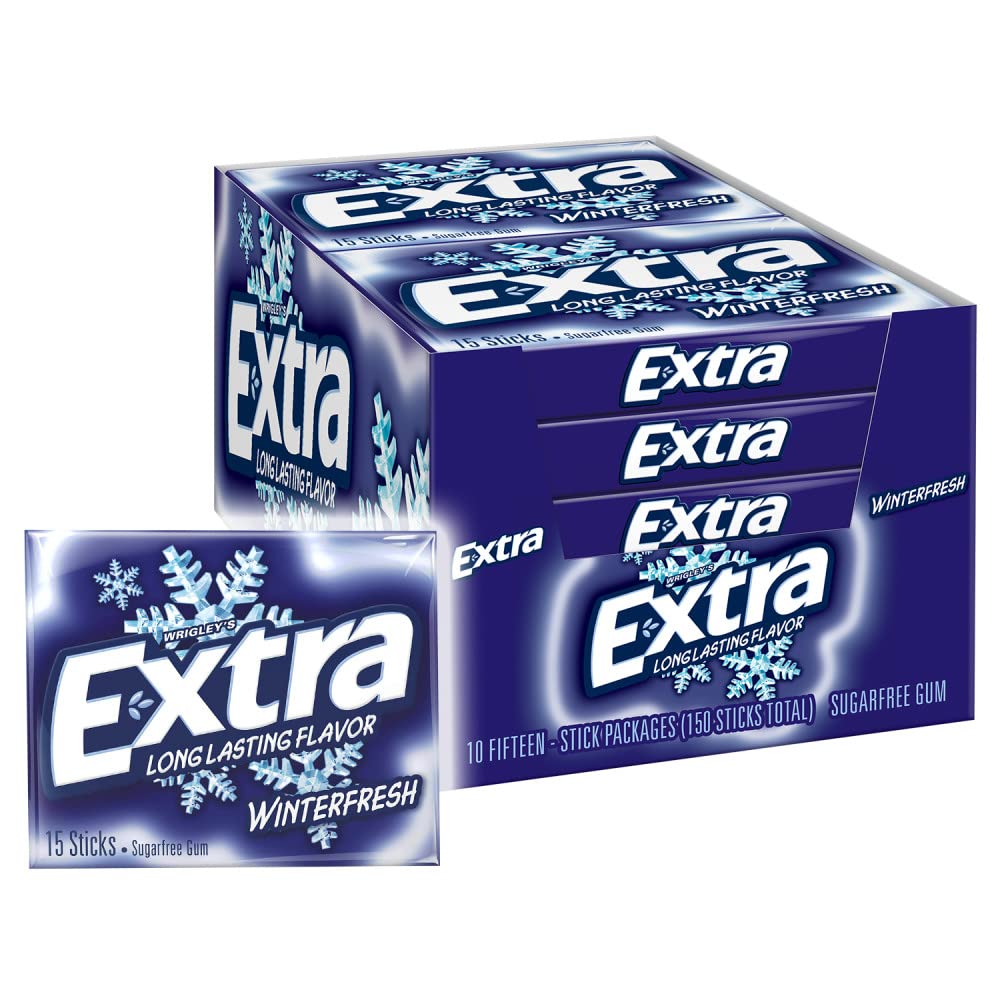 Extra Gum Winterfresh Sugarfree, Bulk, Individually Wrapped, Perfect for Fresh Breath at School, Work, and Travel 15 Count, Pack of 10