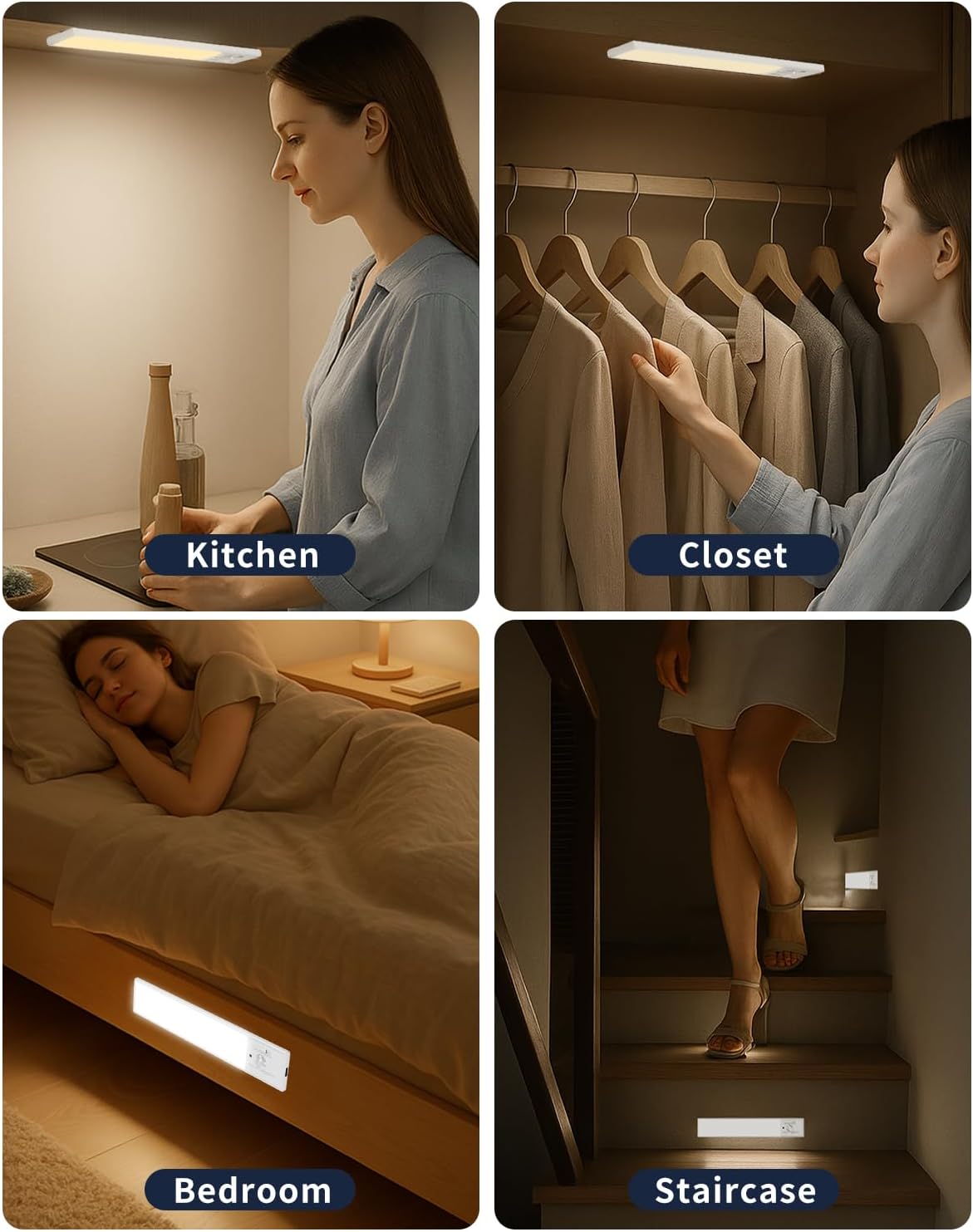 FBY Closet Light, No Flame No Heat LED for Playroom and Hallway Near Kids Rooms, 3-Pack Motion Sensor Rechargeable