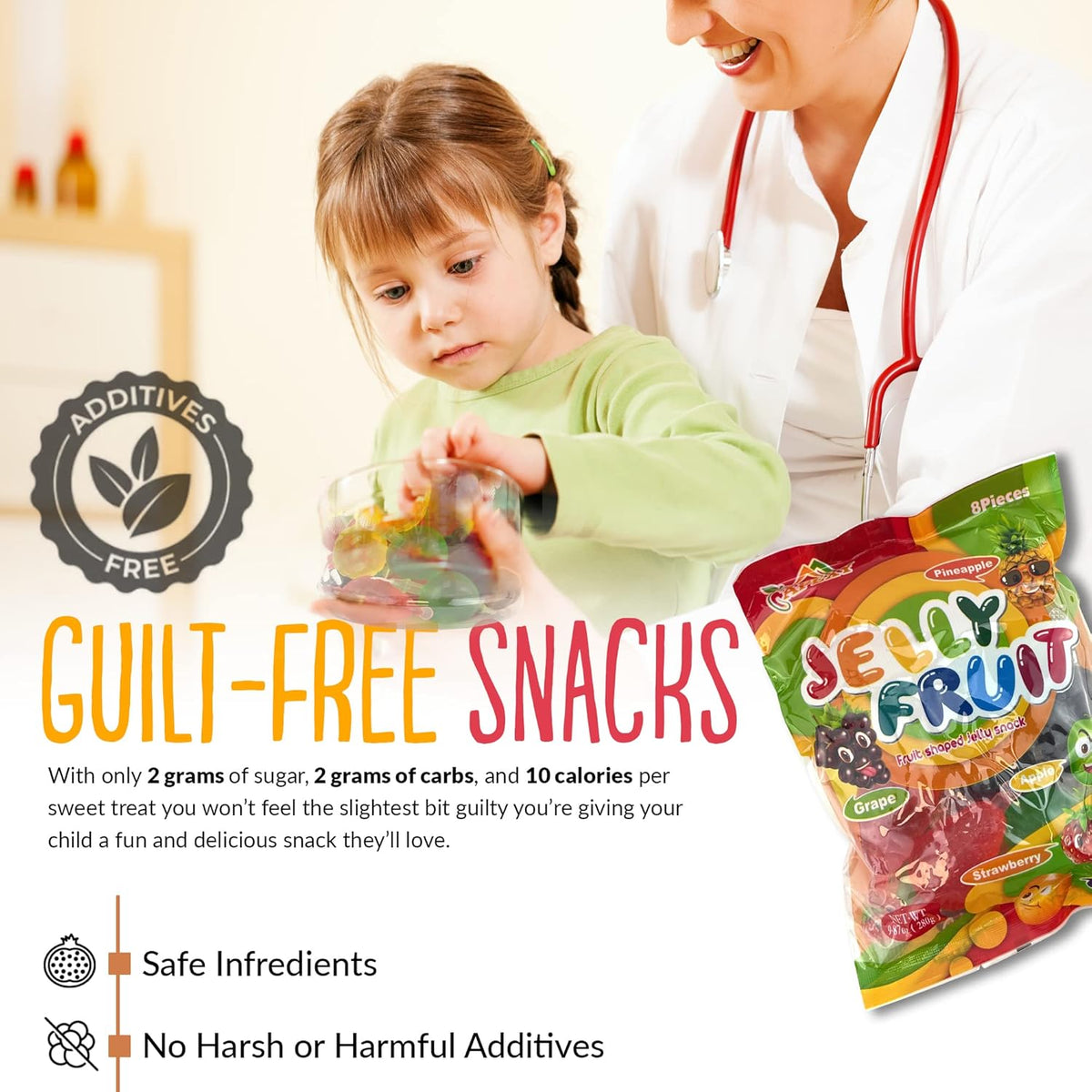 five assorted fruit flavors: sour apple, pineapple, grape, strawberry, mango