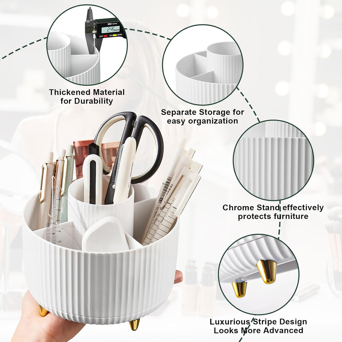 five divided compartments for brushes, lipsticks, and small accessories