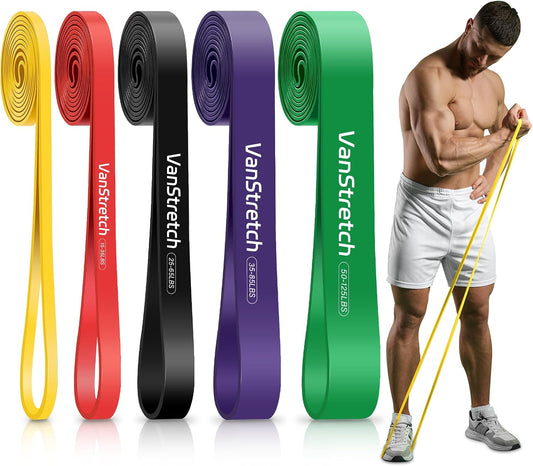 five-level resistance system with color-coded bands ranging from 5 lbs (yellow) to 125 lbs (green)