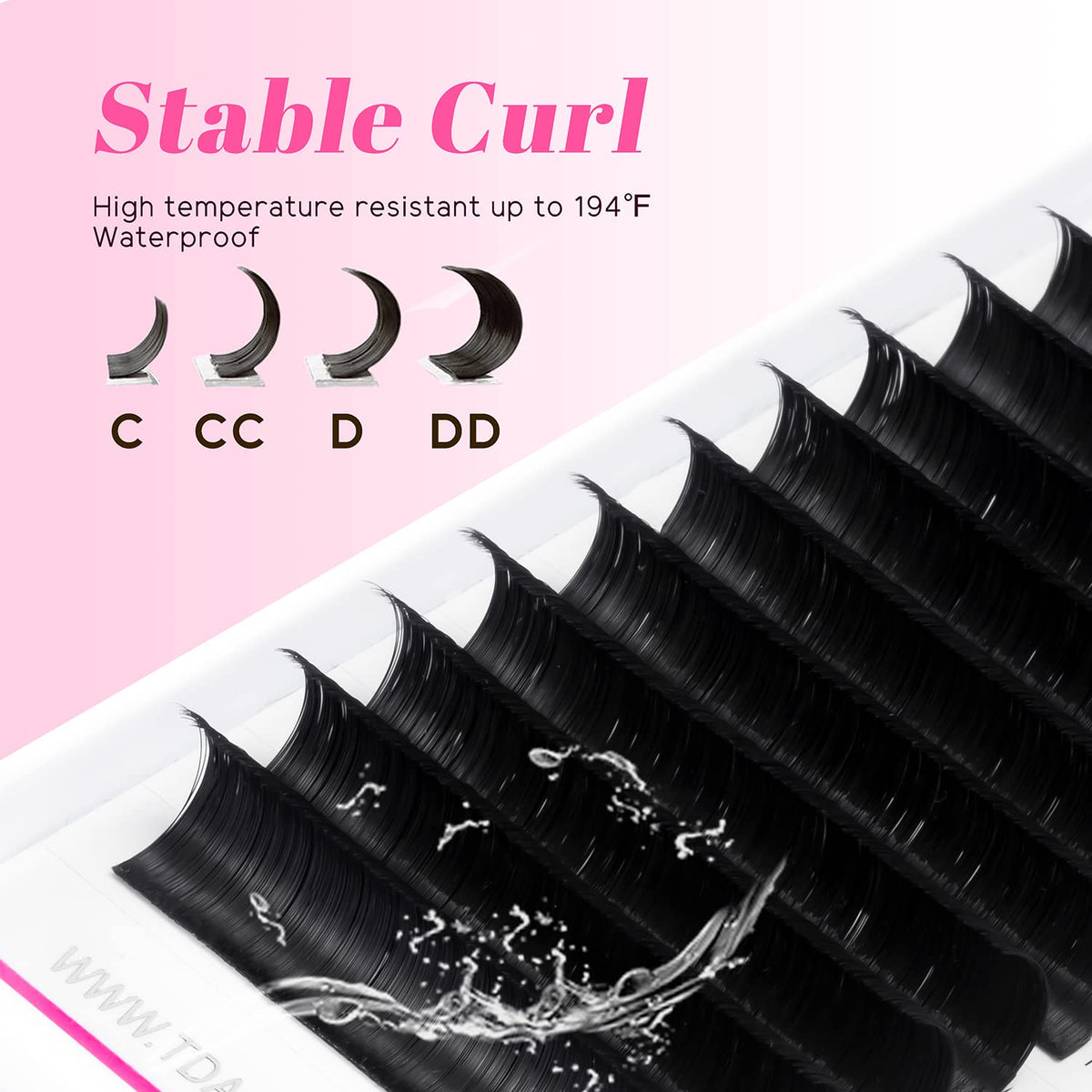 five thickness options (0.03, 0.05, 0.07, 0.10, 0.12mm) and seven curl types (b, c, cc, d, dd, j, l)