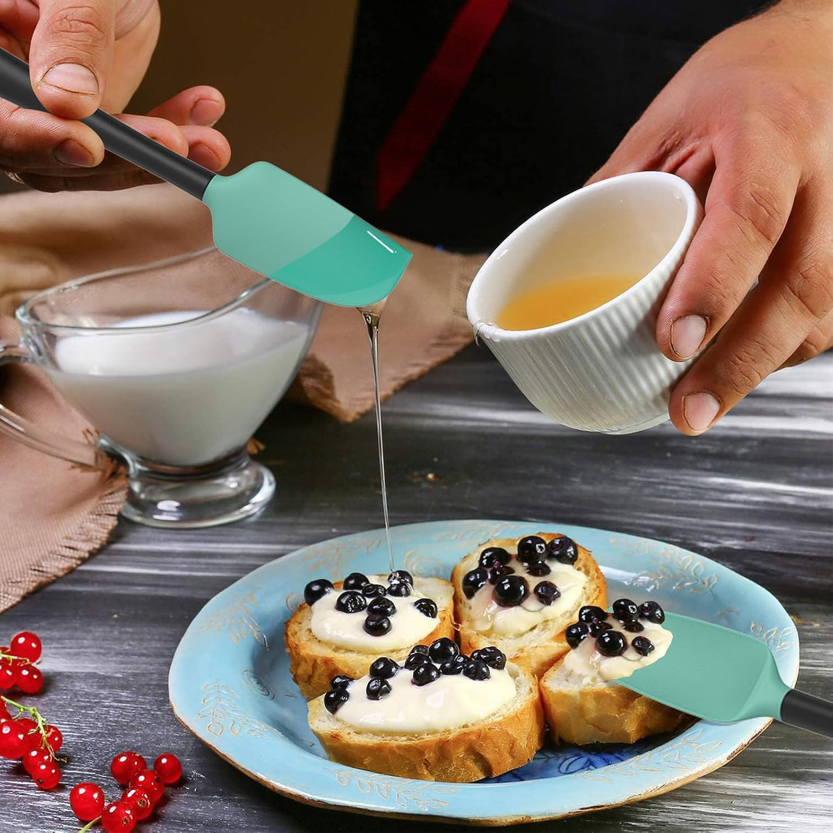 flexible silicone tips that conform to curved bowl and pan surfaces