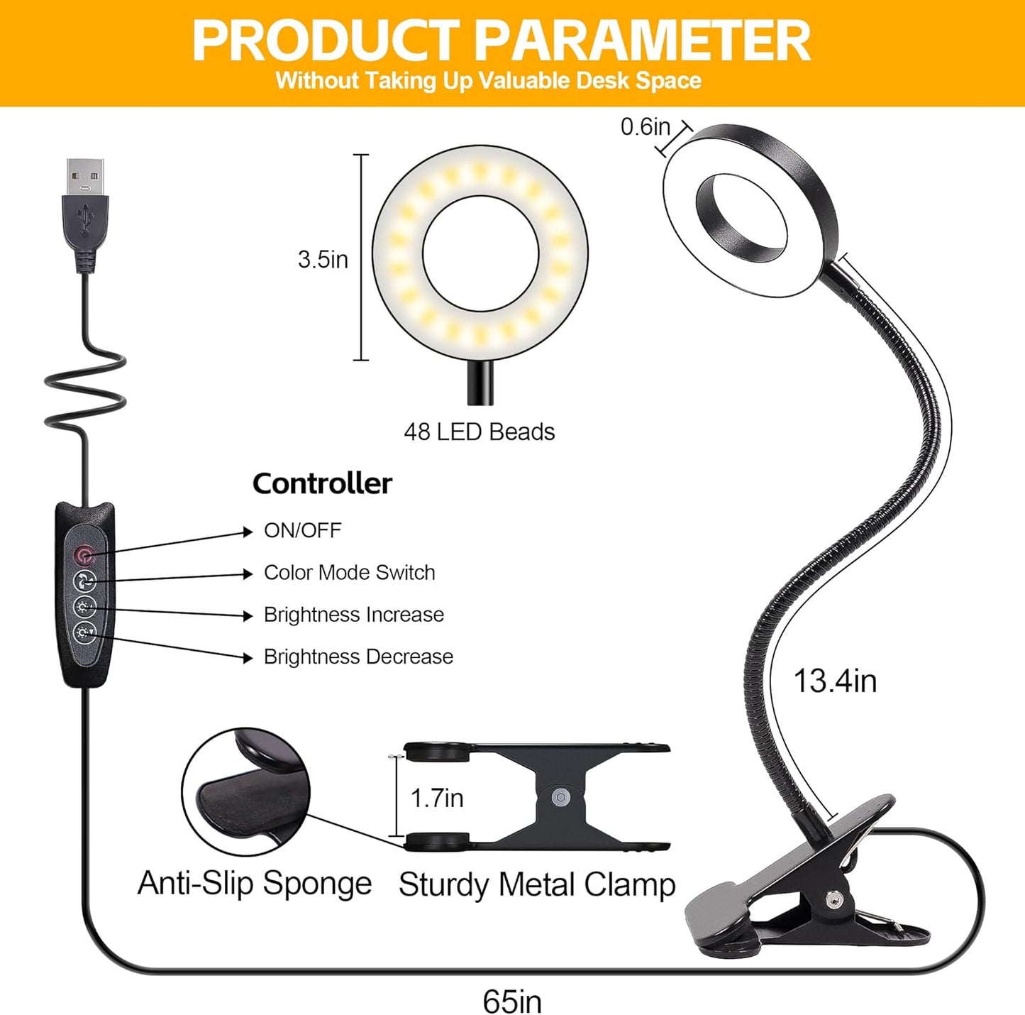 Foneso Mercury-Free Clip-On Desk Lamp – Energy Efficient 7W LED Replaces Hot Incandescent Bulbs, Stays Cool Through Long Sessions