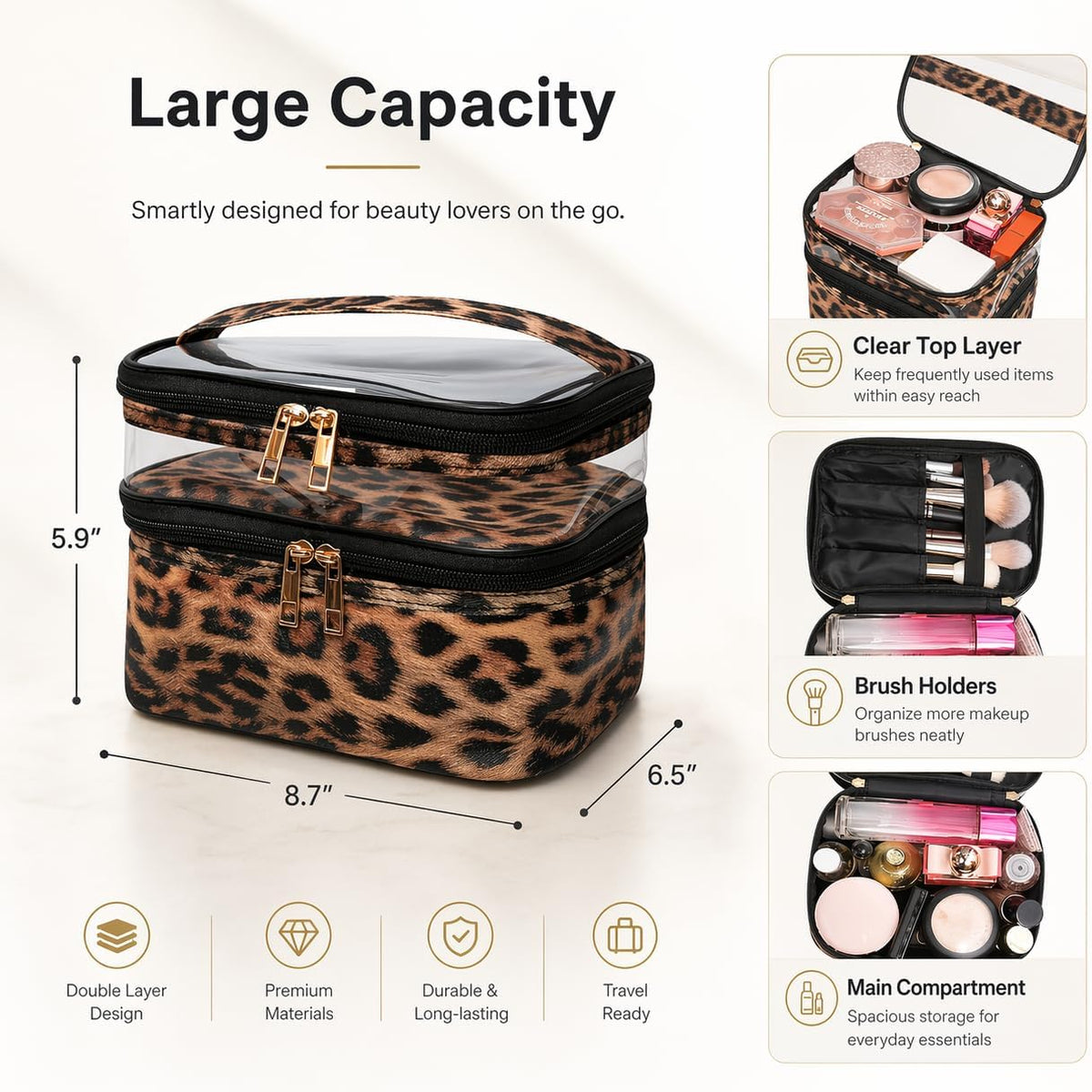 four dedicated brush slots and one elastic bandage to secure brushes and lipsticks