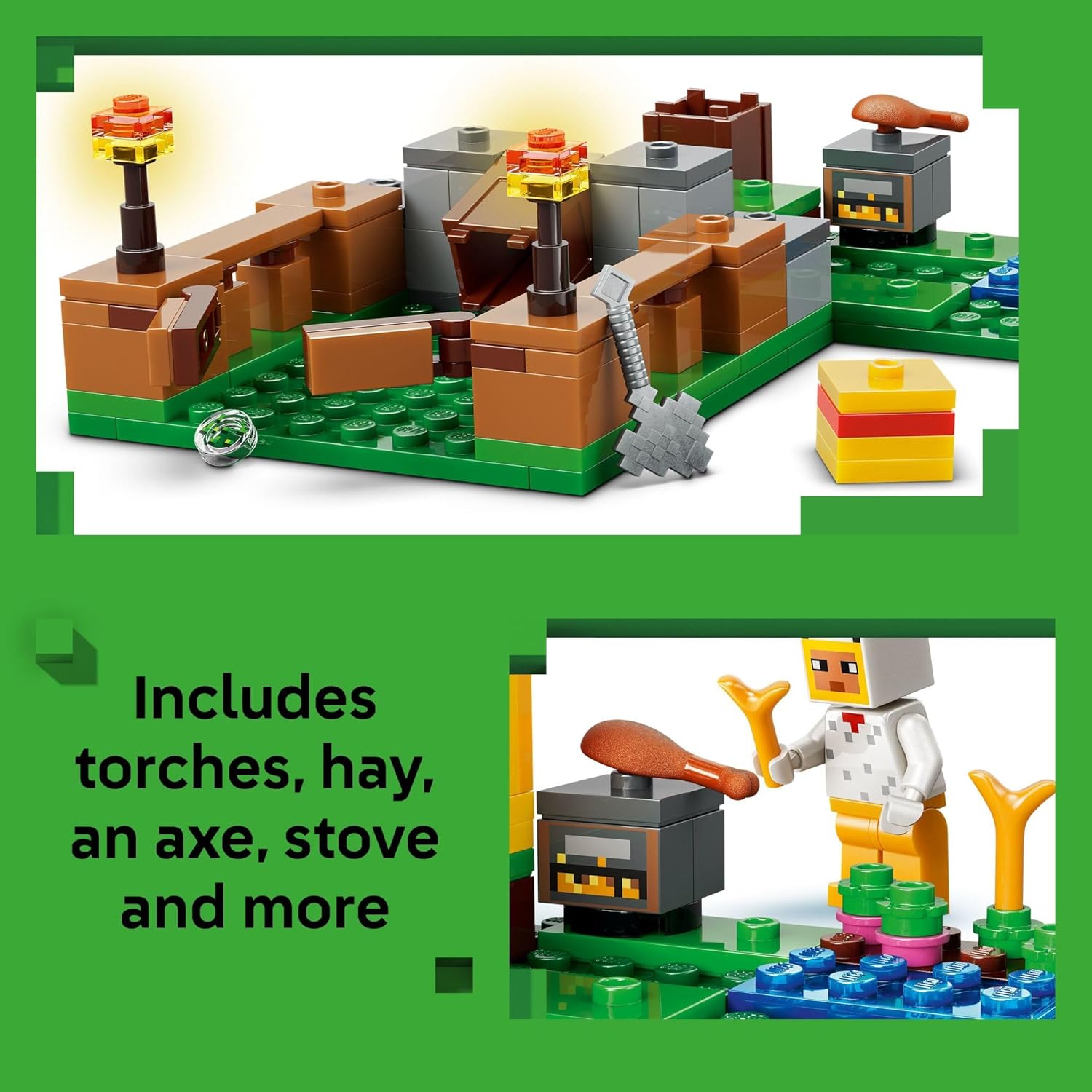 four minifigures: chicken fan, baby zombie, fox, cold chicken, and a baby chicken