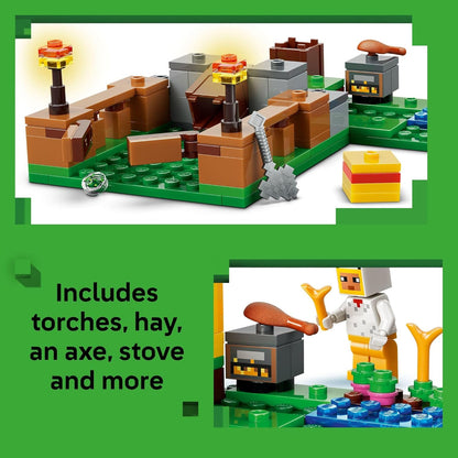 four minifigures: chicken fan, baby zombie, fox, cold chicken, and a baby chicken