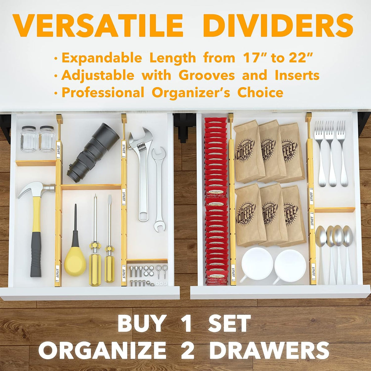 four-pack configuration with variants offering 4, 7, or 10 dividers in natural, white, gray, or black