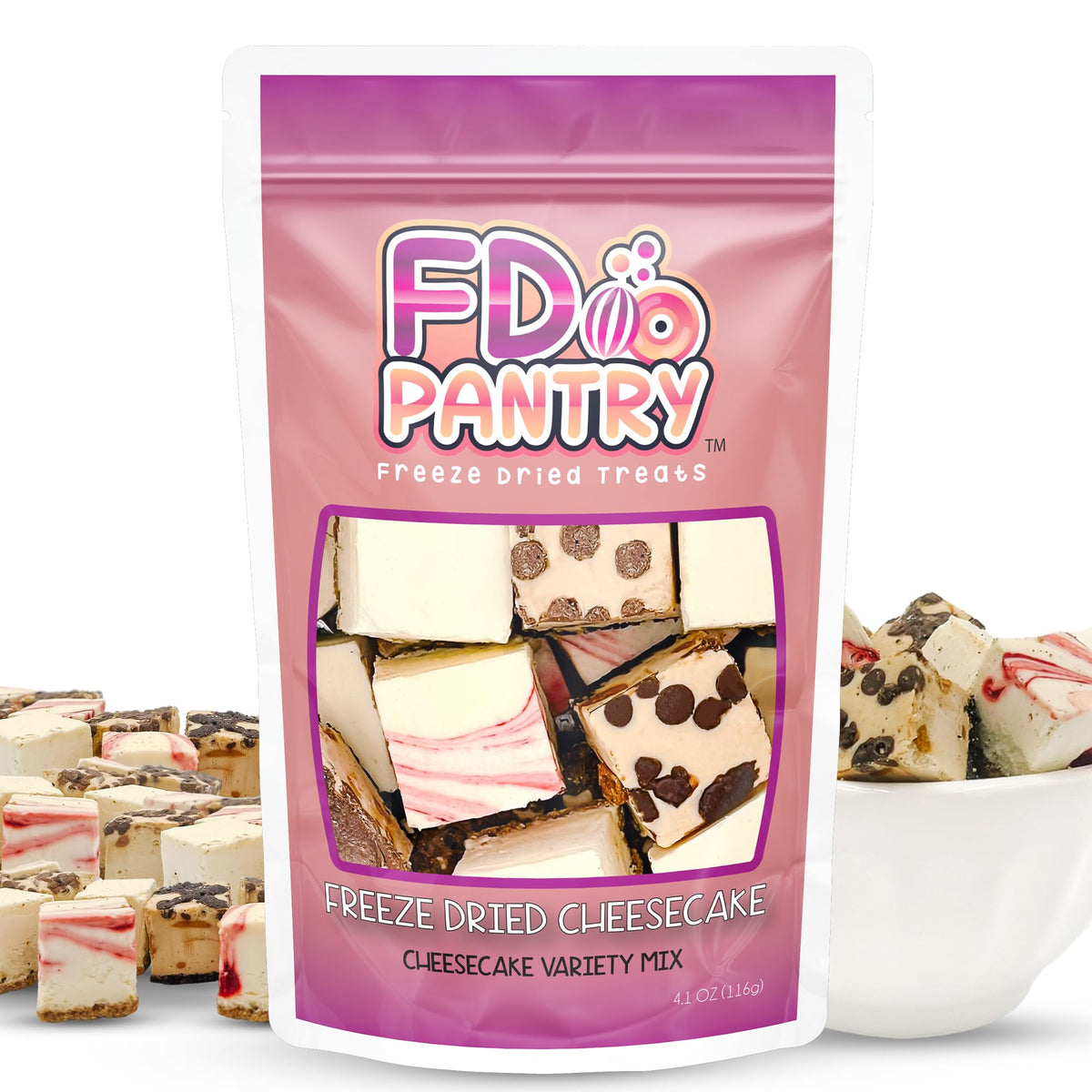 Freeze Dried Cheesecake Bites New York Style 4.1oz - Caramel, Chocolate Chip and Strawberry Swirl Freeze Dried Dessert - Mini Chocolate Cheesecake Bites in Resealable Bag - Ideal Gift Snack