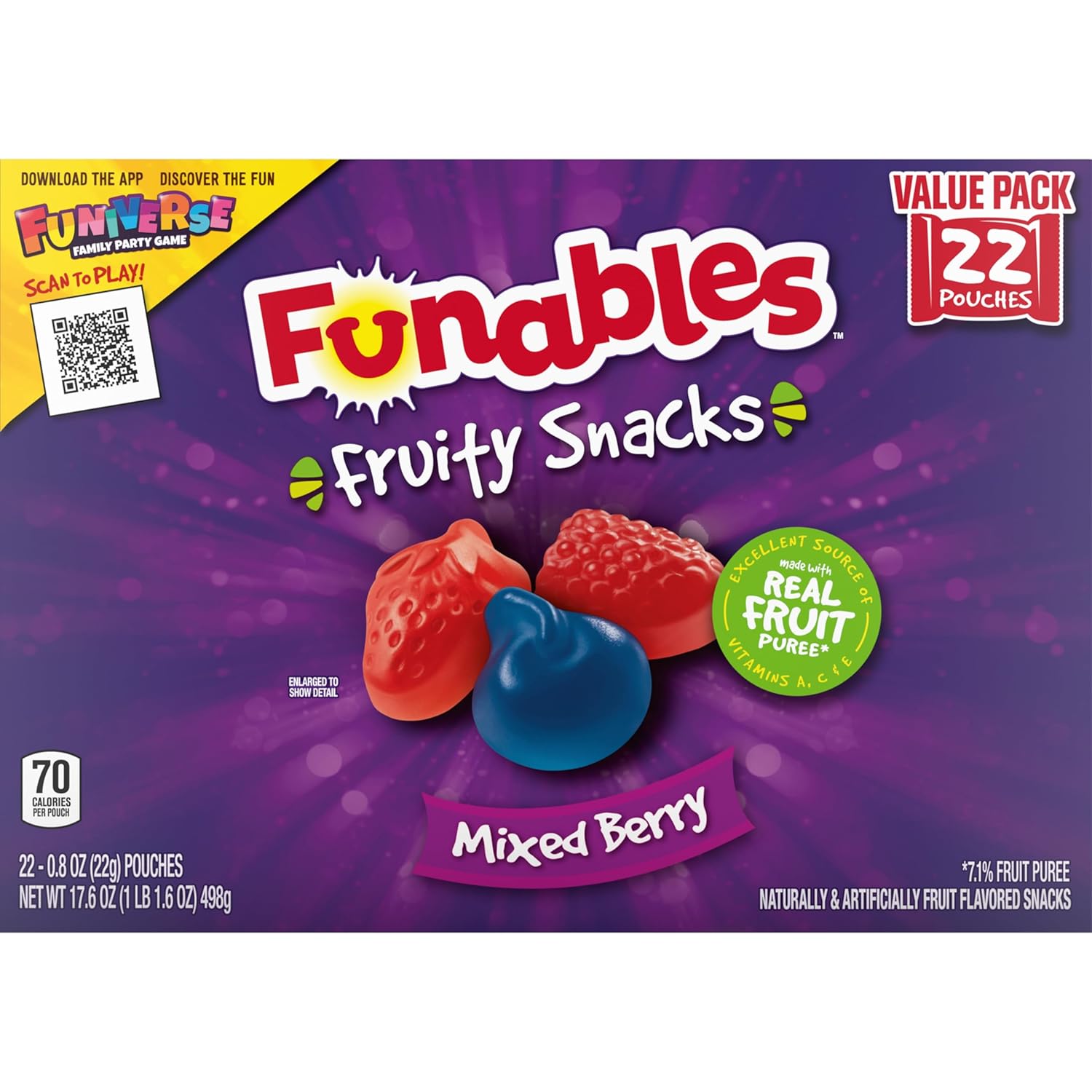 Funables Fruity Snacks Mixed Berry, 70 Calorie Fat-Free Gluten-Free Snack for Mindful Family Pantry, 22-Count Box