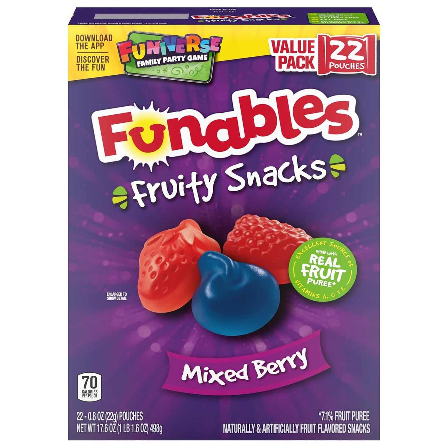 Funables Fruity Snacks Mixed Berry, 70 Calorie Fat-Free Gluten-Free Snack for Mindful Family Pantry, 22-Count Box