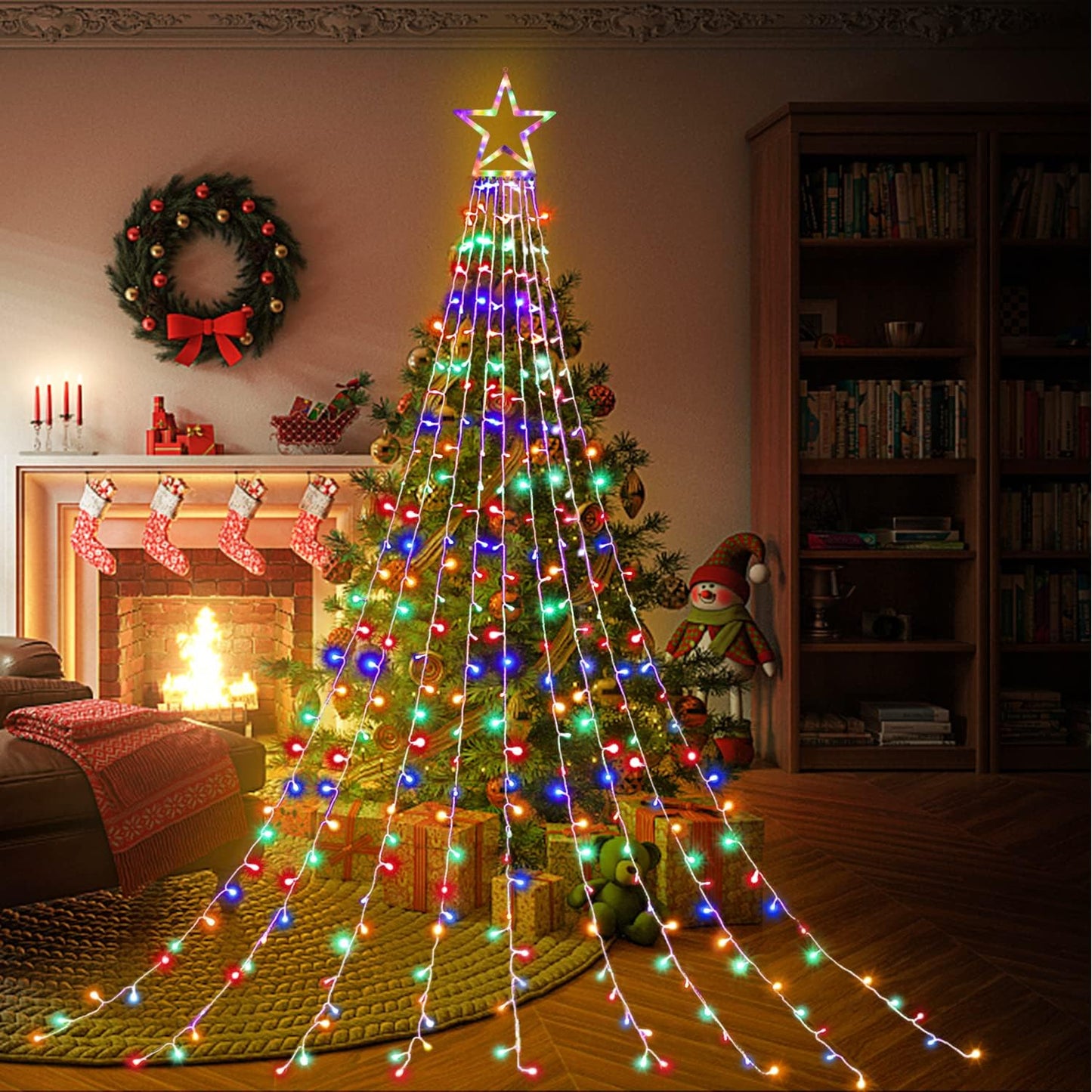 FUNIAO Waterfall String Lights for Bedroom and Entryway, 320 LED Star Topper Curtain Lights for Cozy Christmas Ambiance