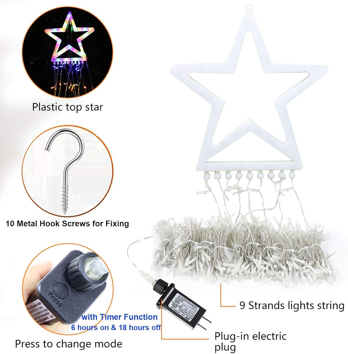 FUNIAO Waterfall String Lights for Bedroom and Entryway, 320 LED Star Topper Curtain Lights for Cozy Christmas Ambiance