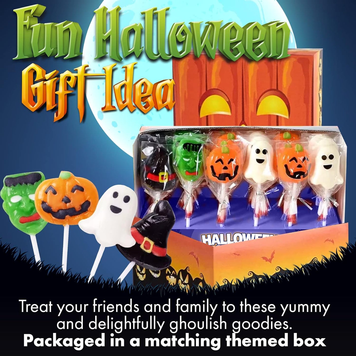 Fusion Select Trick or Treat Lollipops – Kid-Friendly Halloween Candy with Frankenstein, Ghost & Pumpkin Designs, Bulk 30 Count