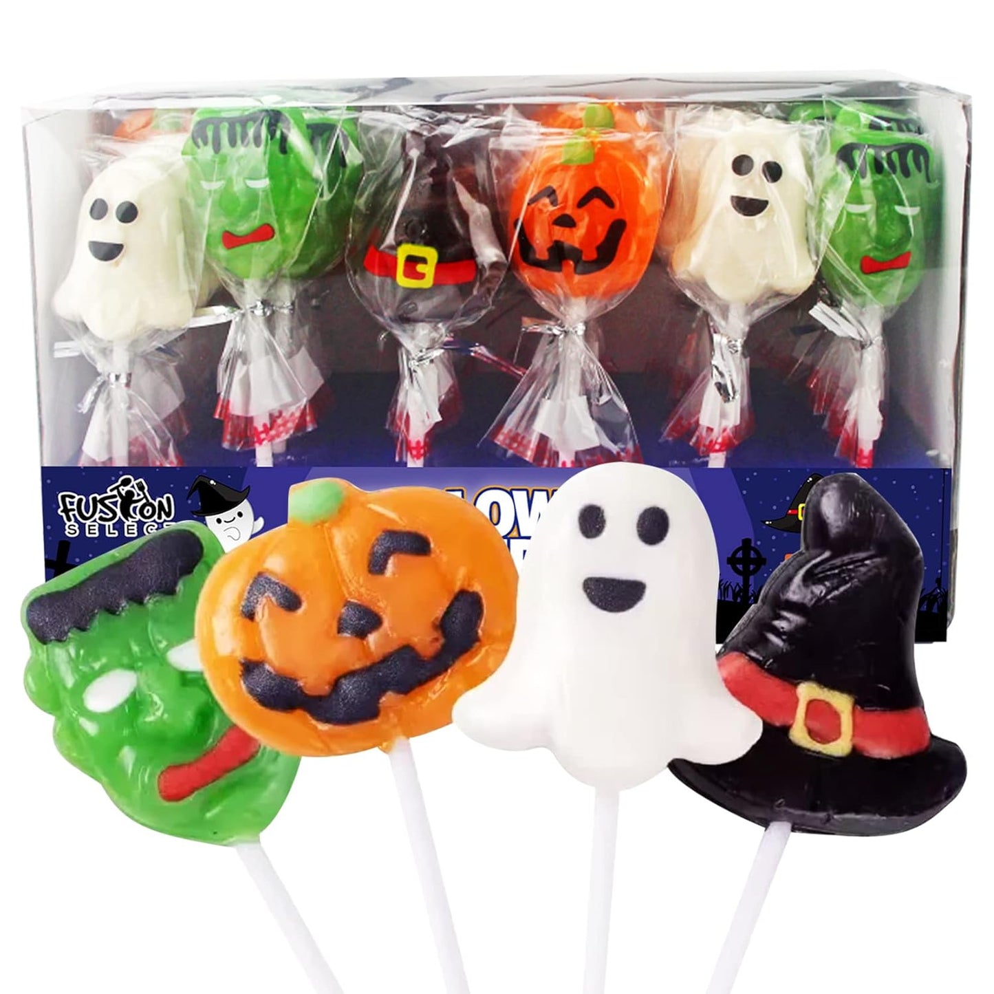 Fusion Select Trick or Treat Lollipops – Kid-Friendly Halloween Candy with Frankenstein, Ghost & Pumpkin Designs, Bulk 30 Count