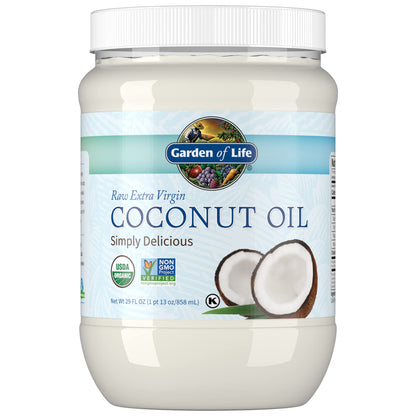 Garden of Life Coconut Oil for Hair, Skin, Cooking - Raw Extra Virgin Organic Coconut Oil, 57 Servings - Pure Unrefined Cold Pressed Oil with MCTs for Body Care or Baking, Aceite de Coco Organico