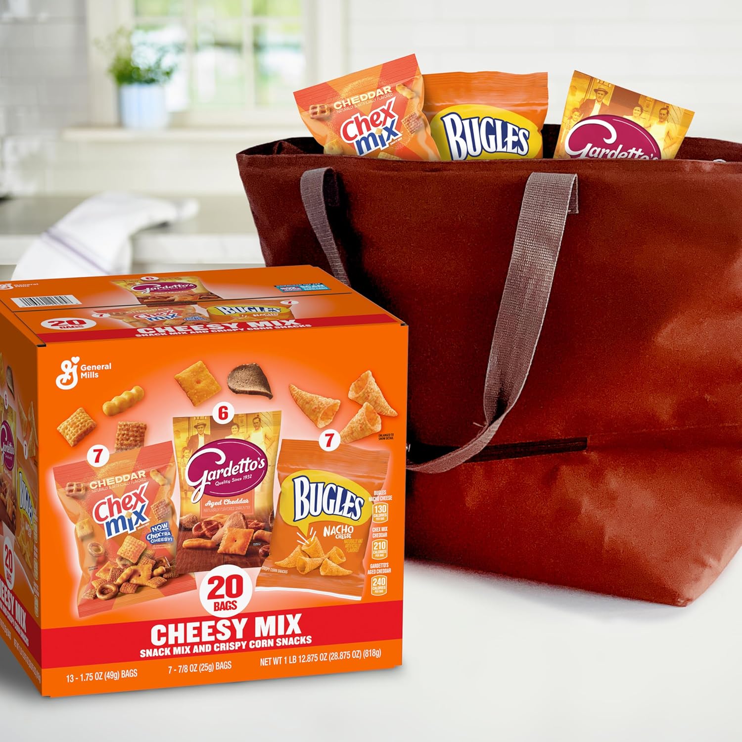 General Mills Cheesy Snack Variety Pack – After School Family Snacks for Picky Eaters, 20 ct Box with Cheddar Chex Mix, Bugles & Gardetto's