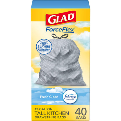 Glad ForceFlex Tall Kitchen Trash Bags – Gentle Febreze Fresh Clean Odor Control for Wind-Down Households, 13 Gallon 110 Count