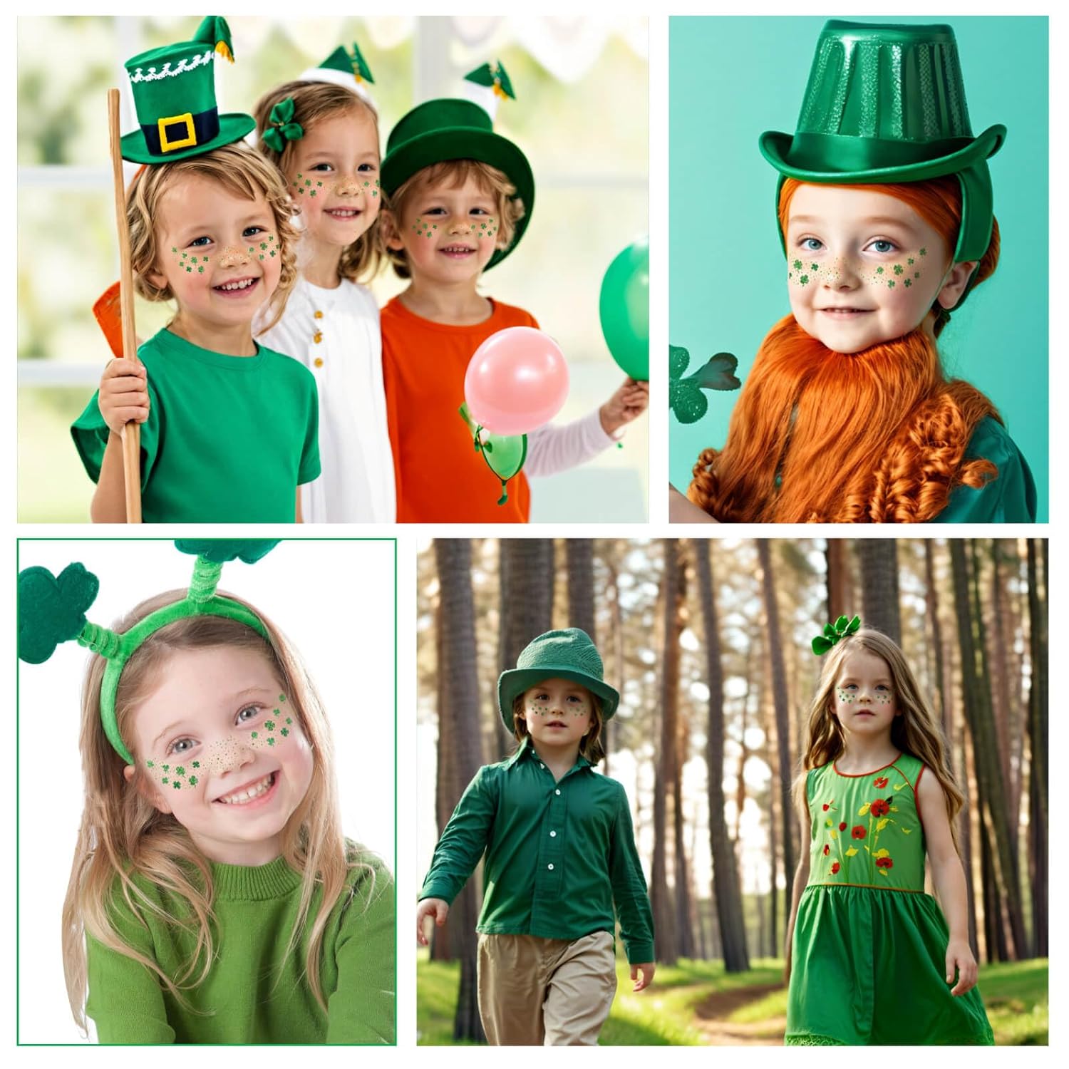 glitter-speckled shamrock and four-leaf clover designs