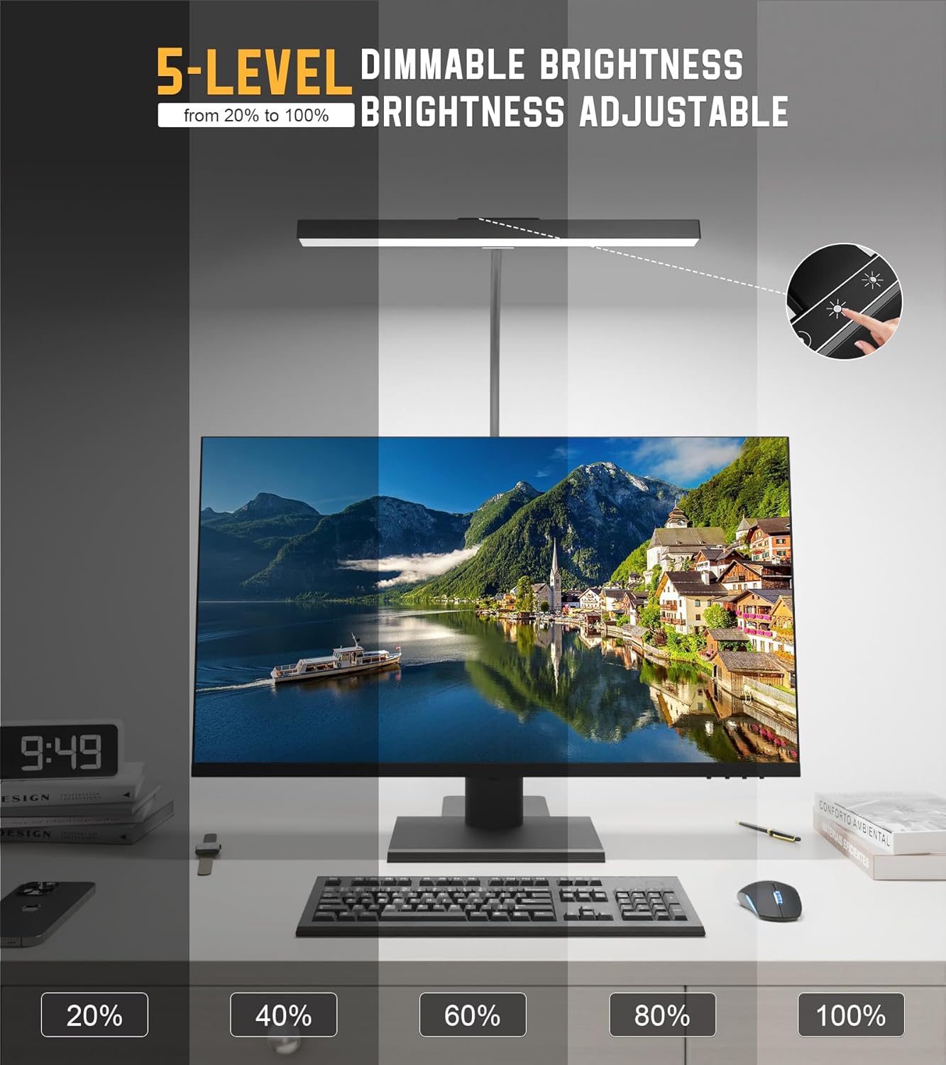 GlowStar USB Desk Lamp with Gooseneck for Work-from-Home Setup, Dimmable Eye-Caring Light Bar for 15-30 Inch Monitors