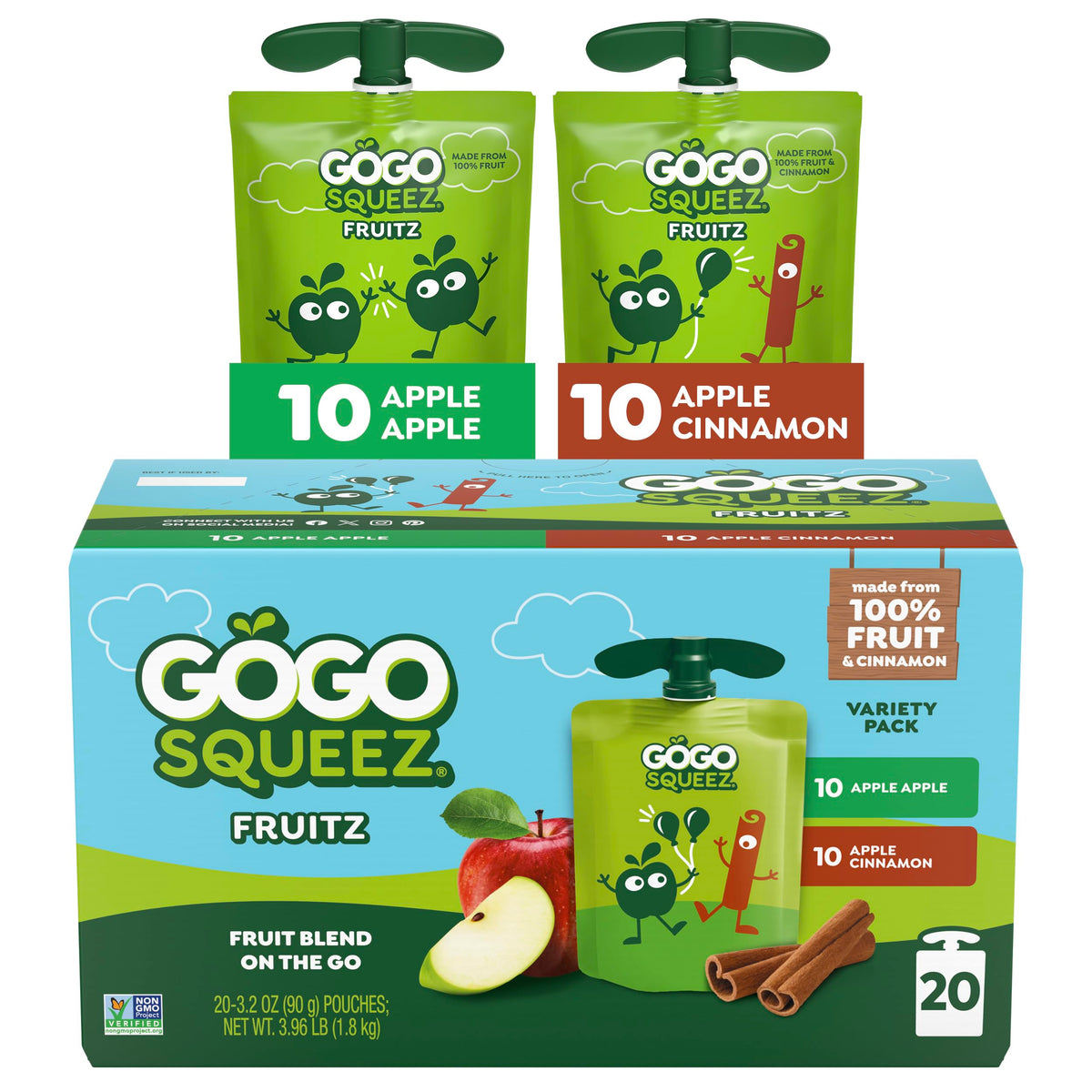 GoGo squeeZ Applesauce and Fruit Puree Variety Pack, Apple &amp;amp; Cinnamon, 3.2 oz (Pack of 20), Unsweetened Fruit Snacks for Kids, Gluten Free, Nut Free, BPA Free Pouches (Packaging May Vary)
