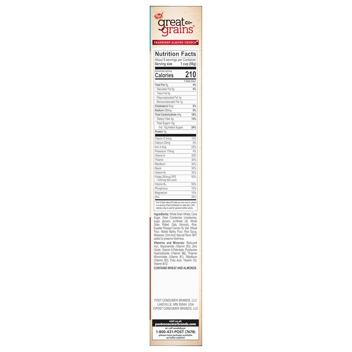 Great Grains Cranberry Almond Crunch Cereal – Crunchy Almond and Cranberry Bowl for Picky Eaters, Family Size 17 oz