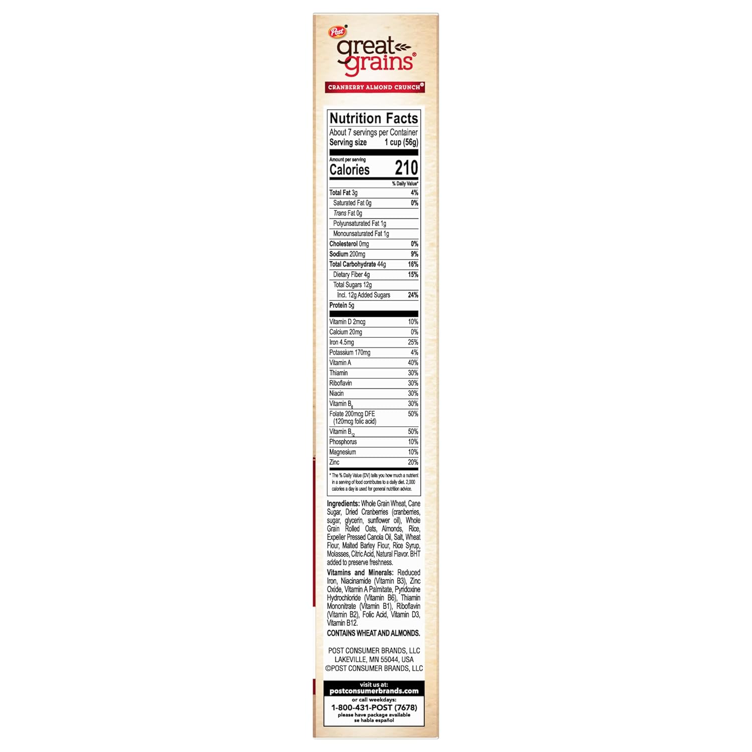Great Grains Cranberry Almond Crunch Cereal – Fiber-Rich Fortified Cereal for Mindful Eating Mornings, 14 oz Box