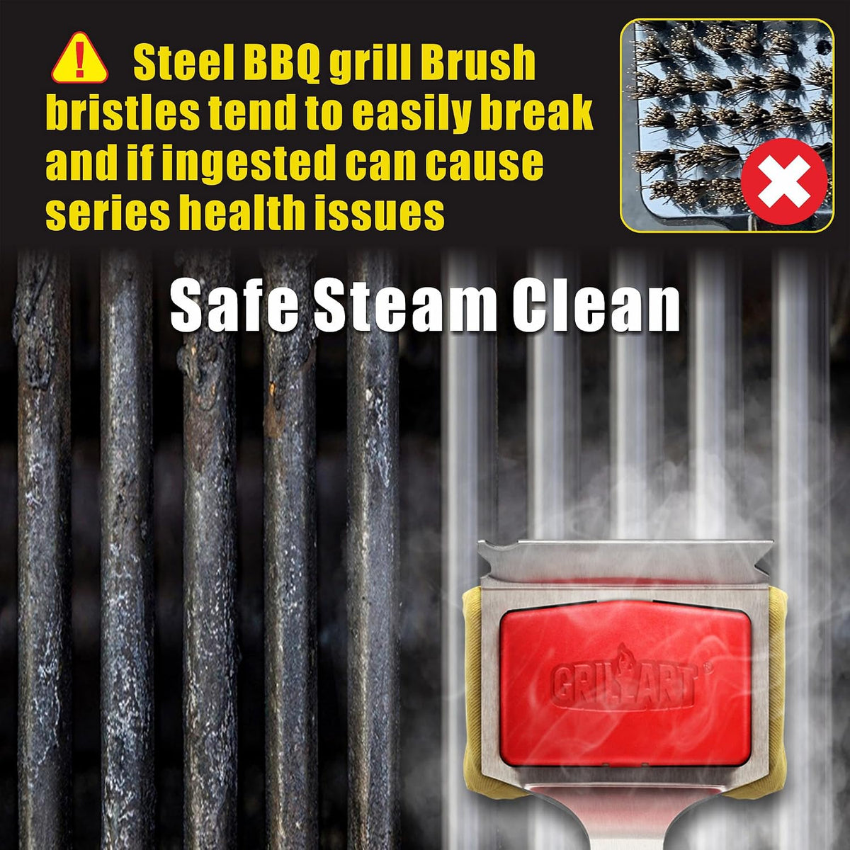 GRILLART SteamWizards Grill Brush Bristle Free – Eliminate Bristle Contamination Risk While Cleaning a Still-Hot Outdoor Grill