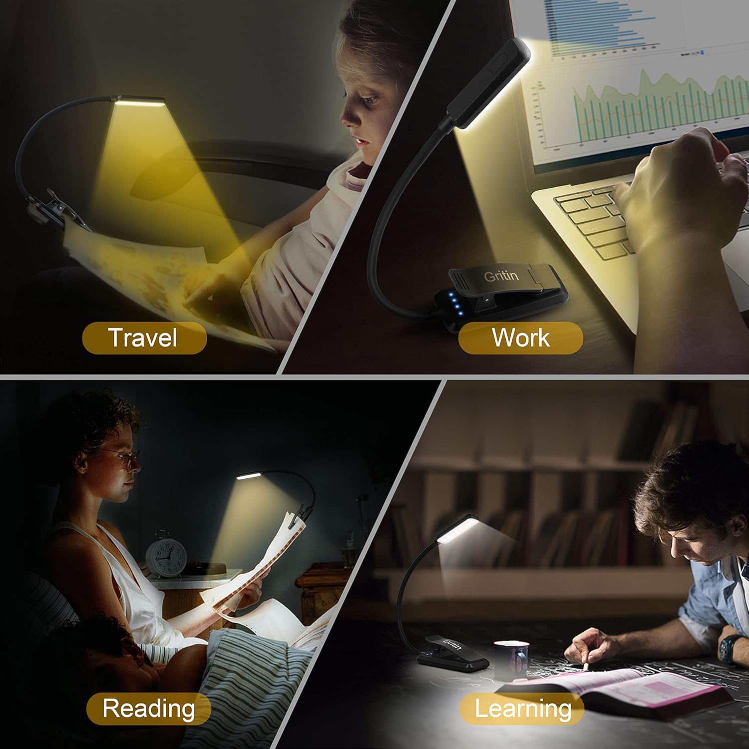 Gritin 9 LED Rechargeable Book Light for Reading in Bed - Travel Sized Reading Lamp for Plane Seat and Hotel Bed, Lightweight Foldable Clip on Book Light